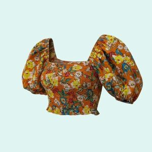 ZARA Women's Orange Floral Smocked Puff Sleeve Crop Top Blouse Size S